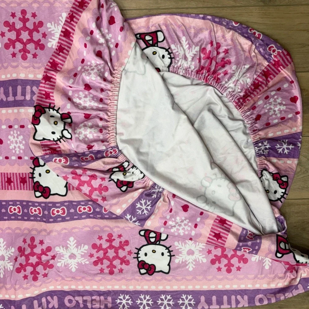 Hello Kitty Plush Twin Fitted Sheet Sanrio Pink Winter Snowflake‎ Soft READ